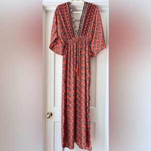 Midnight Sun Orange & Brown Boho Blockprint Maxi Dress. Size: L/XL |  NWT!